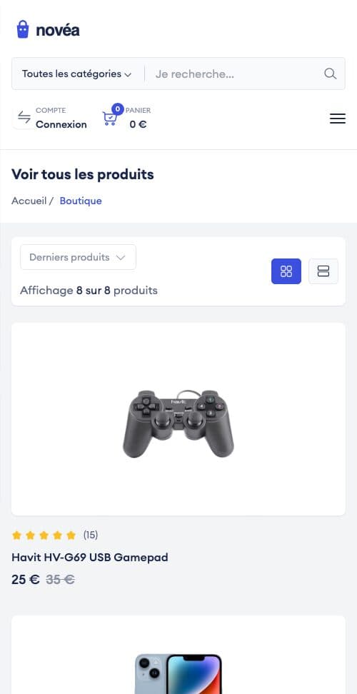 Novéa · accueil & catalogue, seconde page sur téléphone