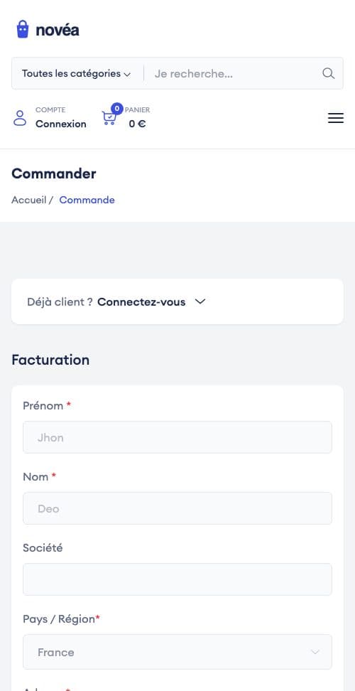Novéa · panier & commande, seconde page sur téléphone
