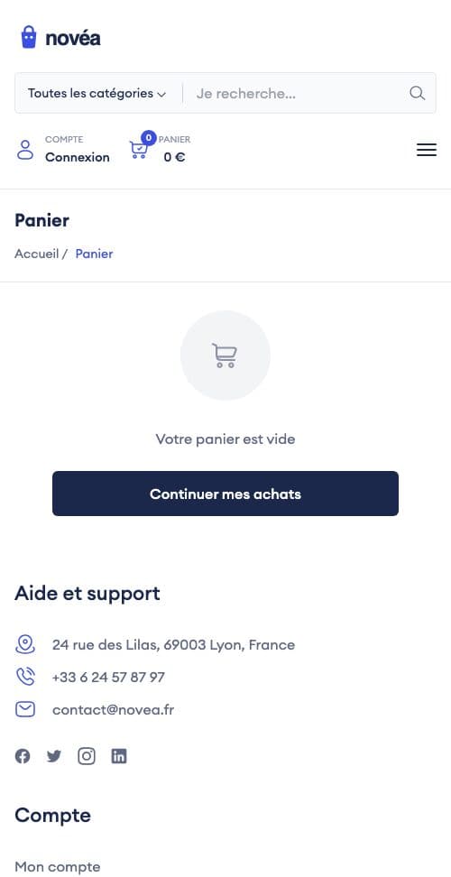 Novéa · panier & commande, première page sur téléphone