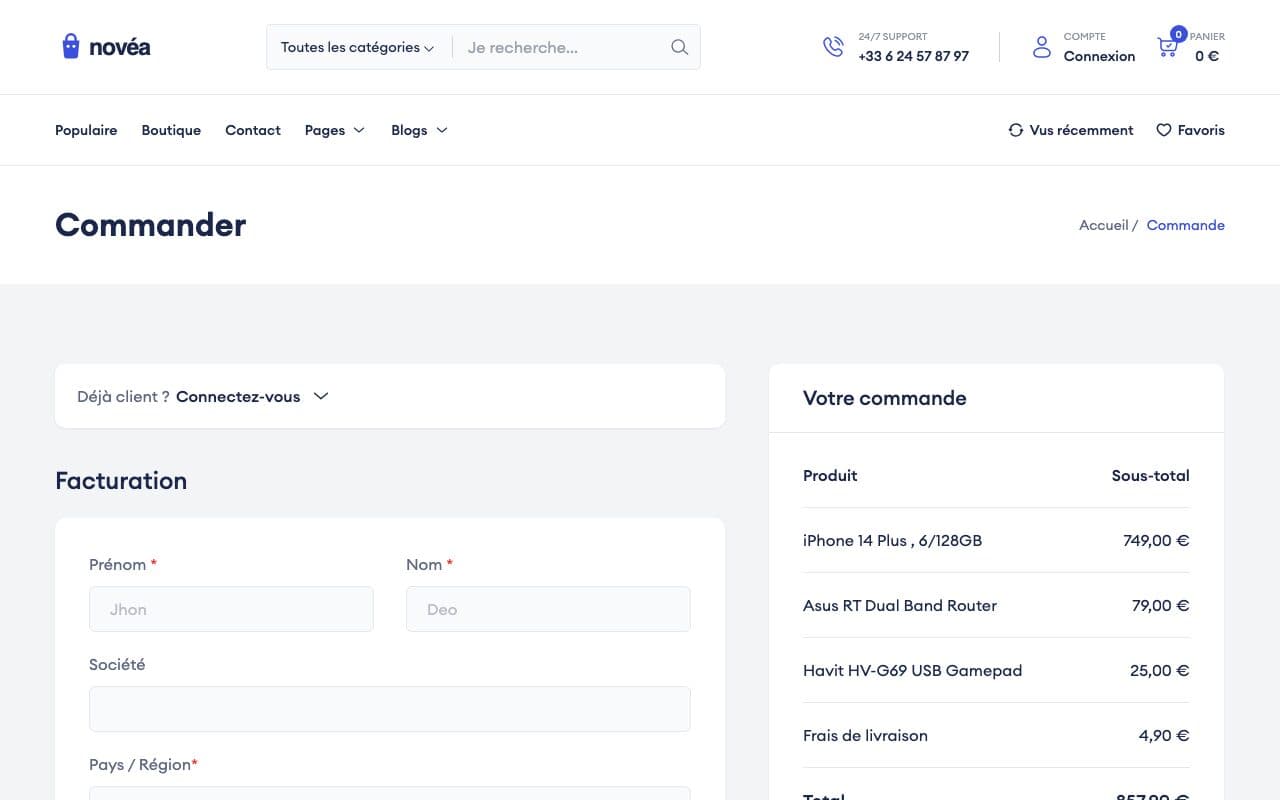 Boutique en ligne, page Commande