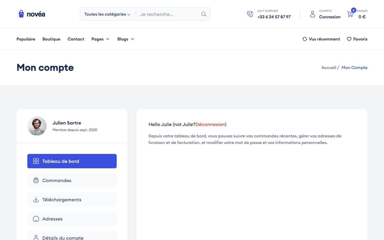 Boutique en ligne, page Espace client