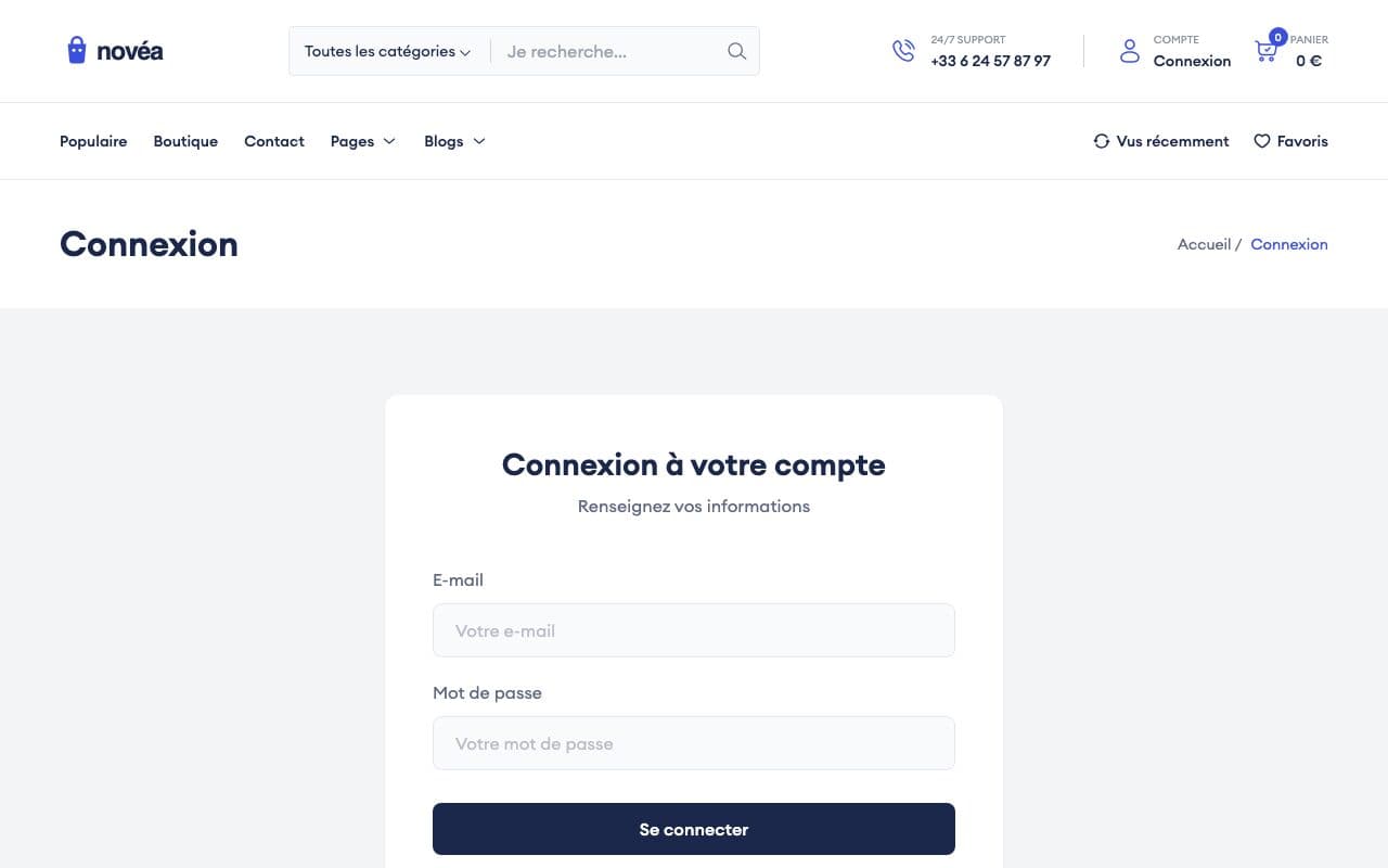 Boutique en ligne, page Connexion