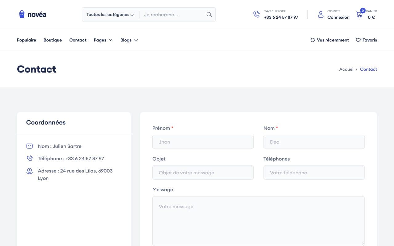 Boutique en ligne, page Contact