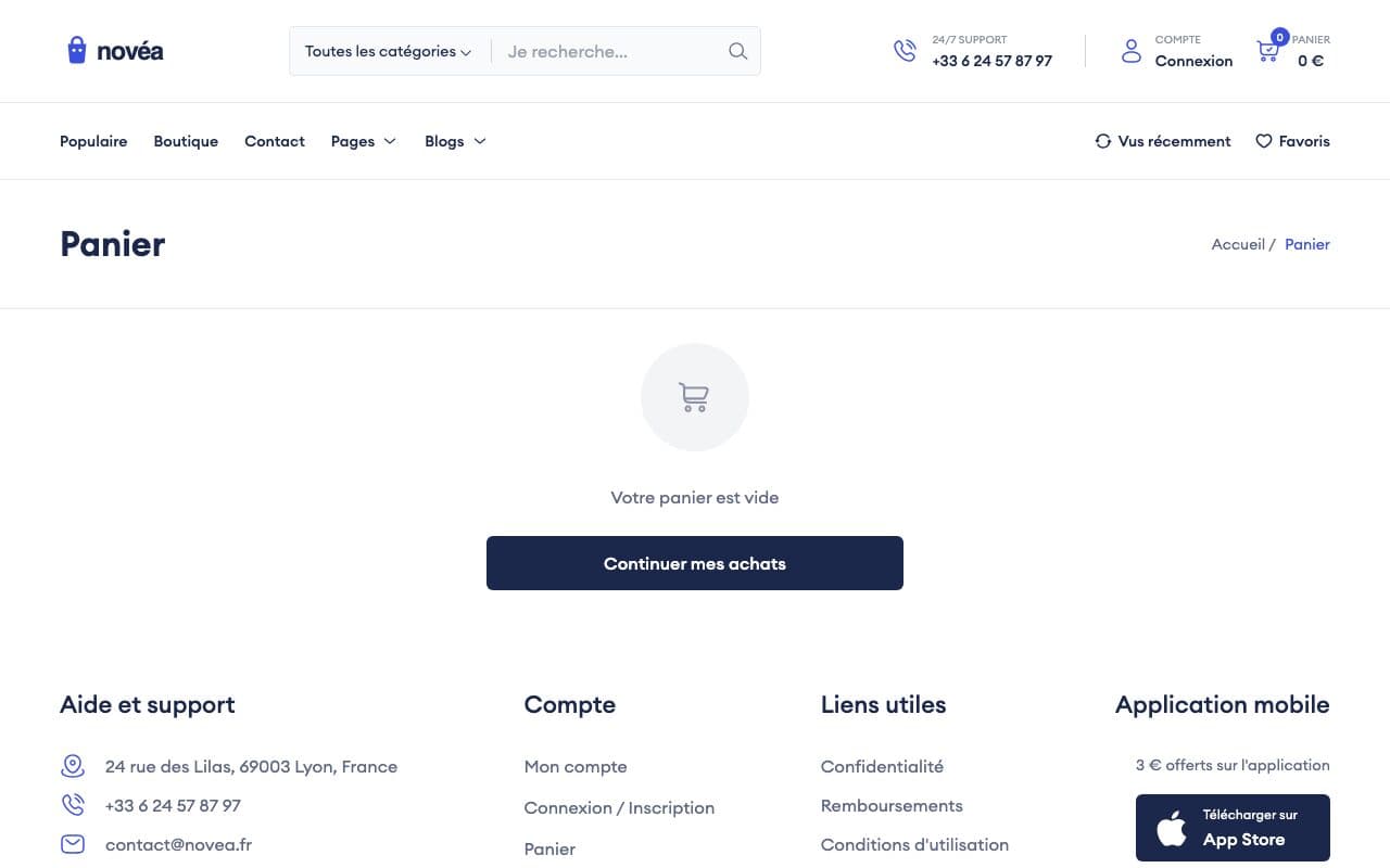 Boutique en ligne, page Panier